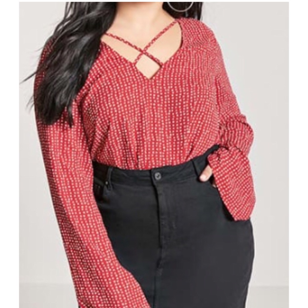 Forever 21 Plus Top Red Geo Print Caged V Neck - Picture 1 of 6
